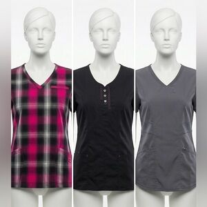 Scrub Top Bundle-HeartSoul & Essentials- Plaid, Black & Grey Women’s XS
